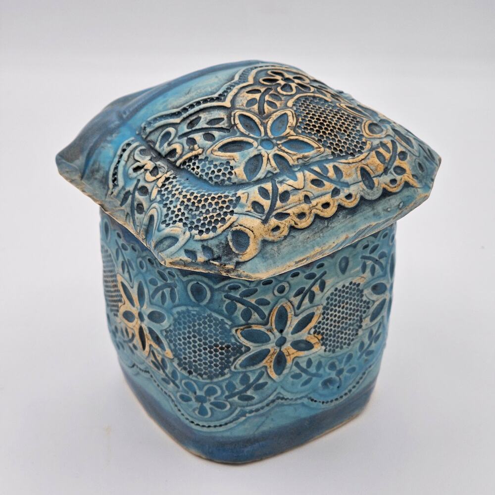 Studio Pottery Floral Turquoise Lidded Jar